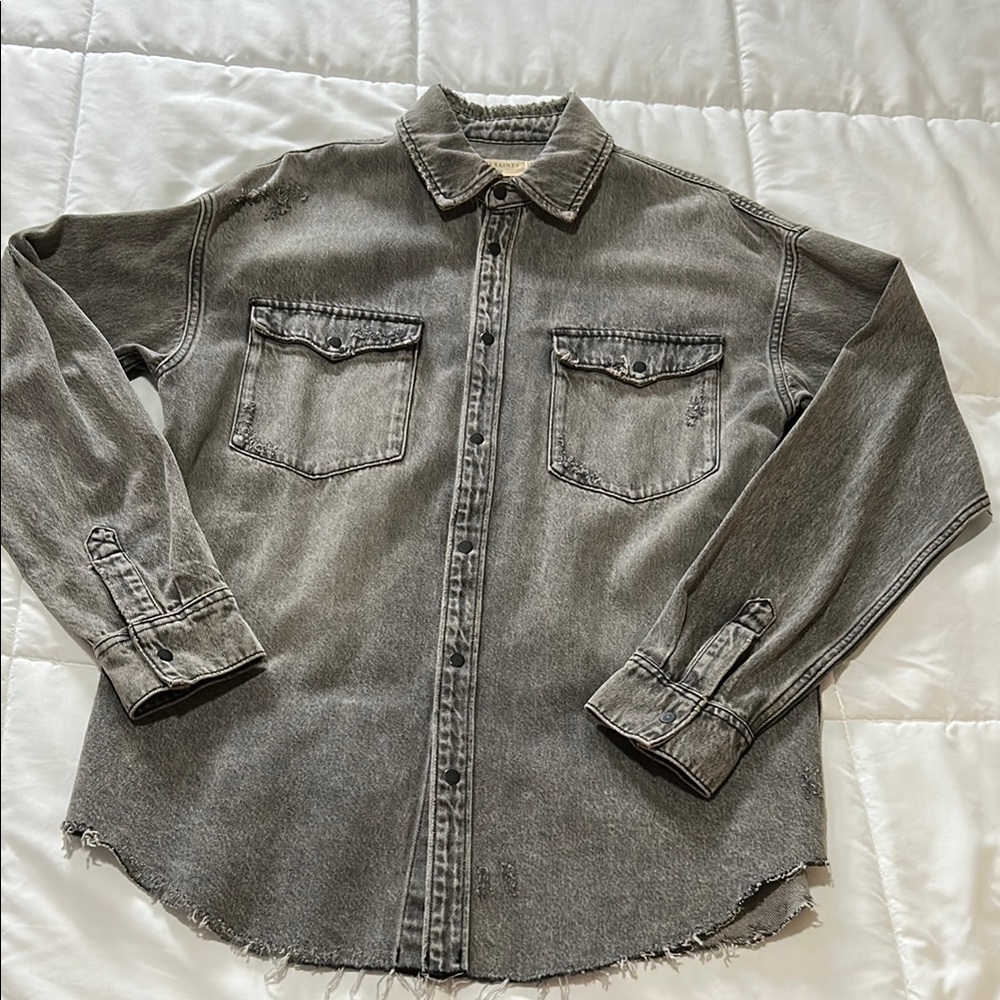 All Saints Distressed Denim Gray Casual Button Down Shirt